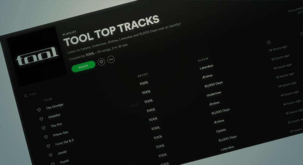 Tool Spotify, Pandora, Apple Müzik ve Amazon Müzik